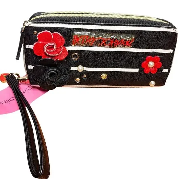 Betsey Johnson NEW zip around wristlet wallet faux leather w roses striped bling - Picture 2 of 13